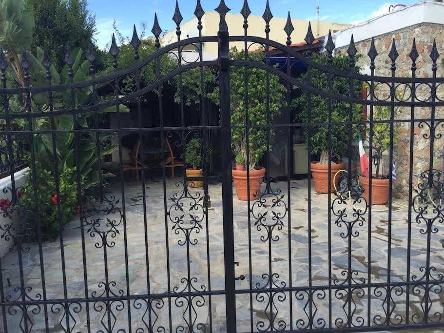 ein Eisentor mit Topfpflanzen im Innenhof in der Unterkunft Kos Guest House with patio and garden in Antimácheia