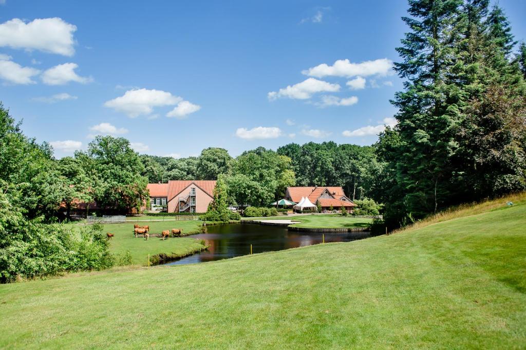 une maison avec une rivière au milieu d'une cour dans l'établissement Golfpark Gut Düneburg, à Haren