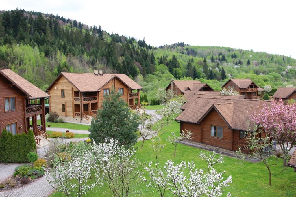 una vista aerea di una casa con una montagna di TAOR Karpaty Resort & Spa a Skhidnytsia