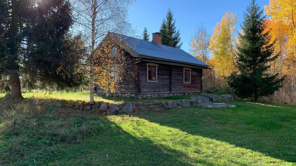 an old wooden house in a field with trees at Log Cabin from 1820s with wood-heated sauna in Hassela