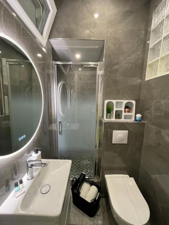 une salle de bain avec un lavabo, des toilettes et un miroir dans l'établissement Studio plein centre CARRÉ D’OR, à Nice