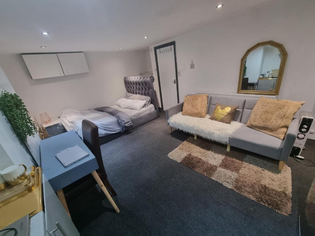 a living room with a couch and a bed at A Cosy Deluxe Size Studio With Queen size and Sofa Bed in Leeds