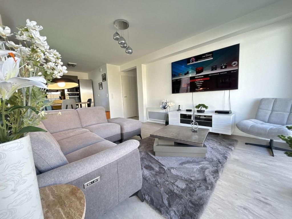 un salon avec un canapé et une télévision dans l'établissement Appartement calme, jardin, 4 pers, Proche plage et commerces, Parking, Normes Handicapés - FR-1-494-167, à Royan