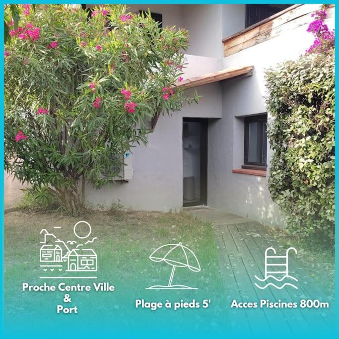 une photo d'une maison avec un parapluie et une cour dans l'établissement T2, Picculu - Jardín, piscina, 4 pers, parking, à Porto-Vecchio