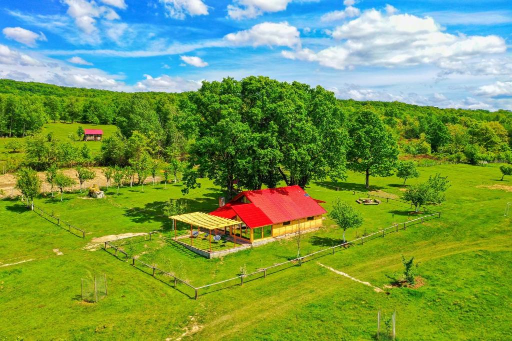 einen Blick über ein Haus mit rotem Dach in der Unterkunft Căsuța din Stejari-Transalpina in Novaci-Străini