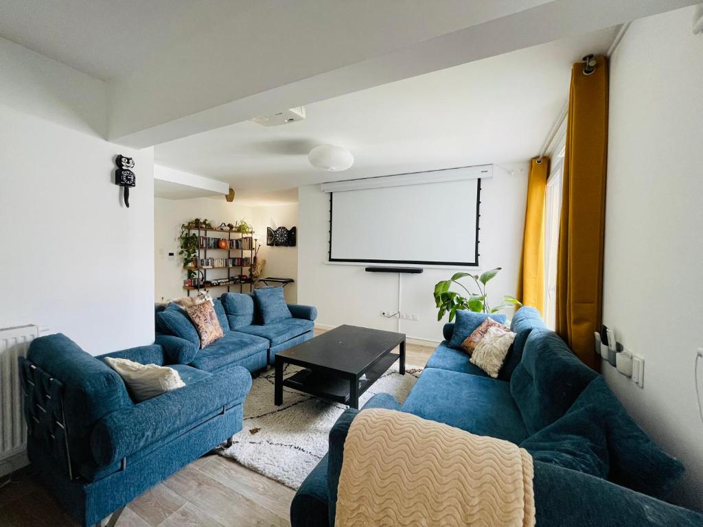 un salon avec des canapés bleus et un écran dans l'établissement Appartement 2 chambres Lille - proche du métro, à Lille