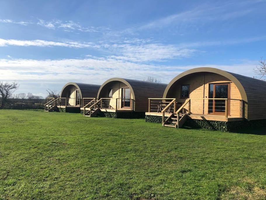 Un grupo de tres casas abovedadas en un campo. en Eco-friendly Cabins Cabin 2, en Norton Disney
