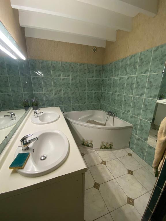 une salle de bain avec un lavabo et une baignoire dans l'établissement Maison de campagne, à Saint-Martin-du-Puy