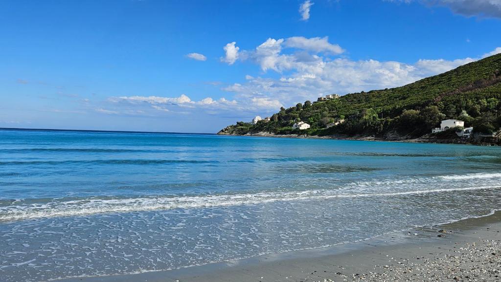 uma vista para uma praia com o oceano em Maison Bella Vista em Cagnano