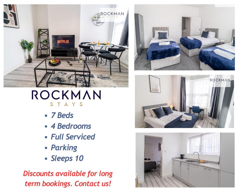 eine Collage mit Fotos von einem Schlafzimmer und einem Wohnzimmer in der Unterkunft 32 The Grove - Modern & Elegant Home Close to Beach with Parking by RockmanStays in Southend-on-Sea