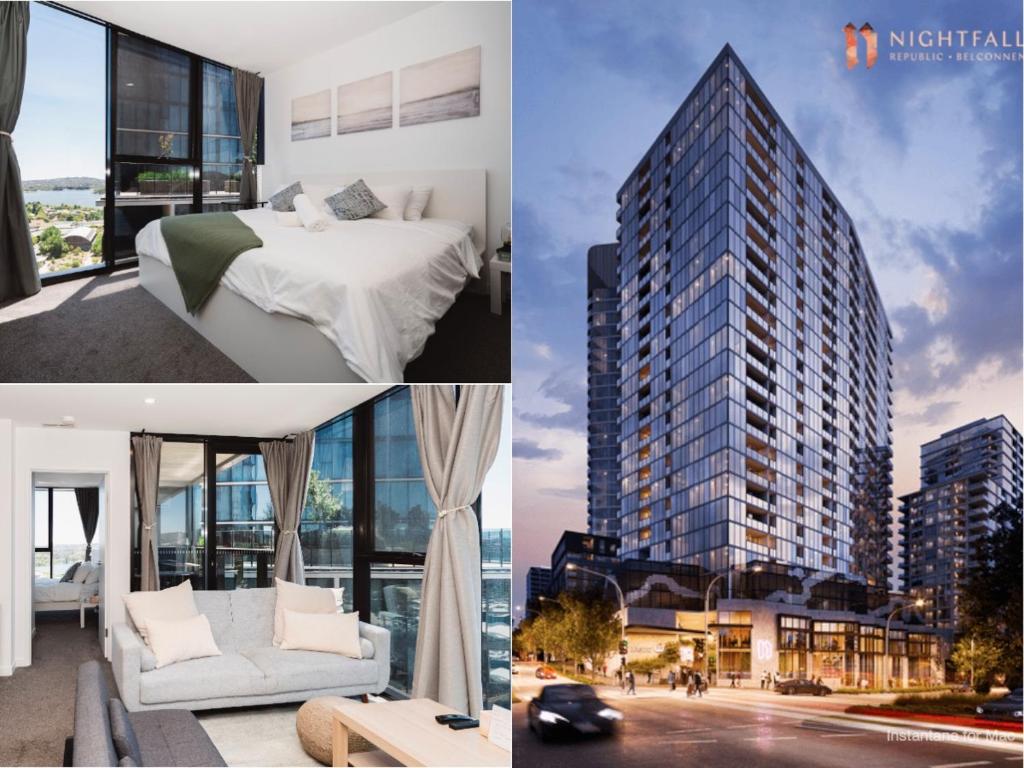 a collage of photos of a hotel room with a building at Modern 2b2b Apt -2 king bed-2 parking-UC-Westfield in Belconnen