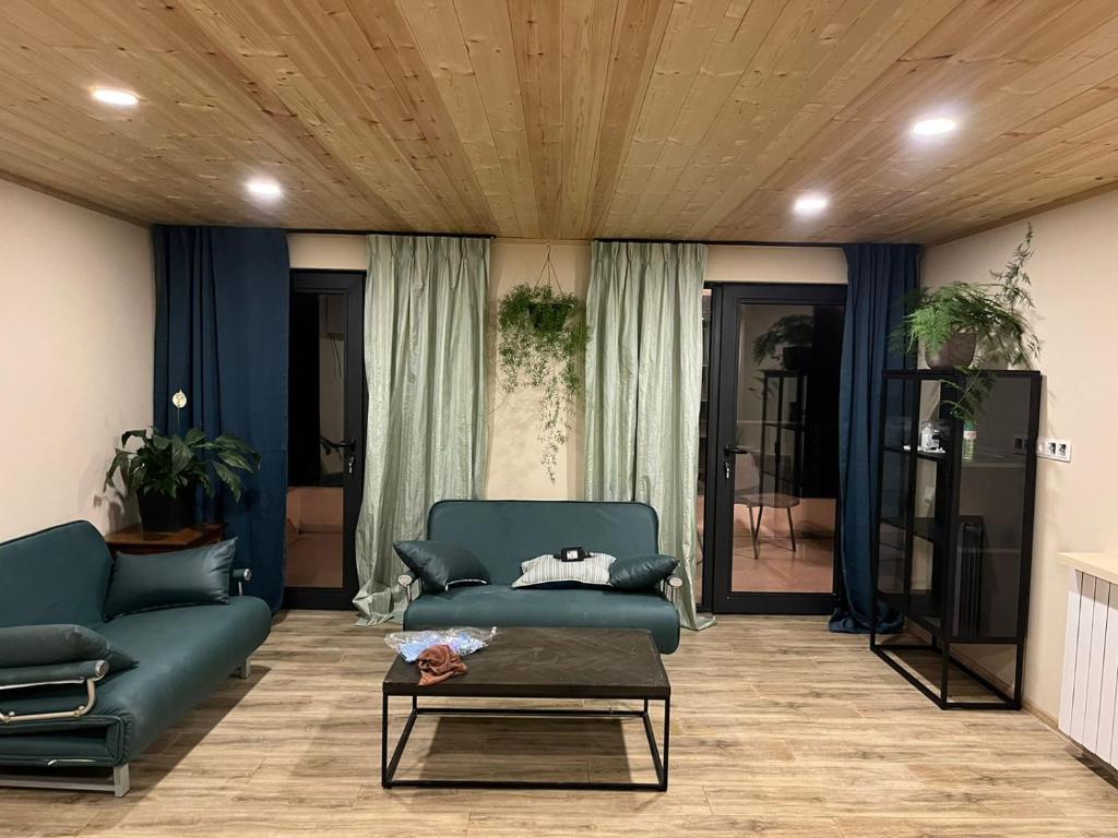 a living room with two blue couches and a table at Дом на пляже in Batumi
