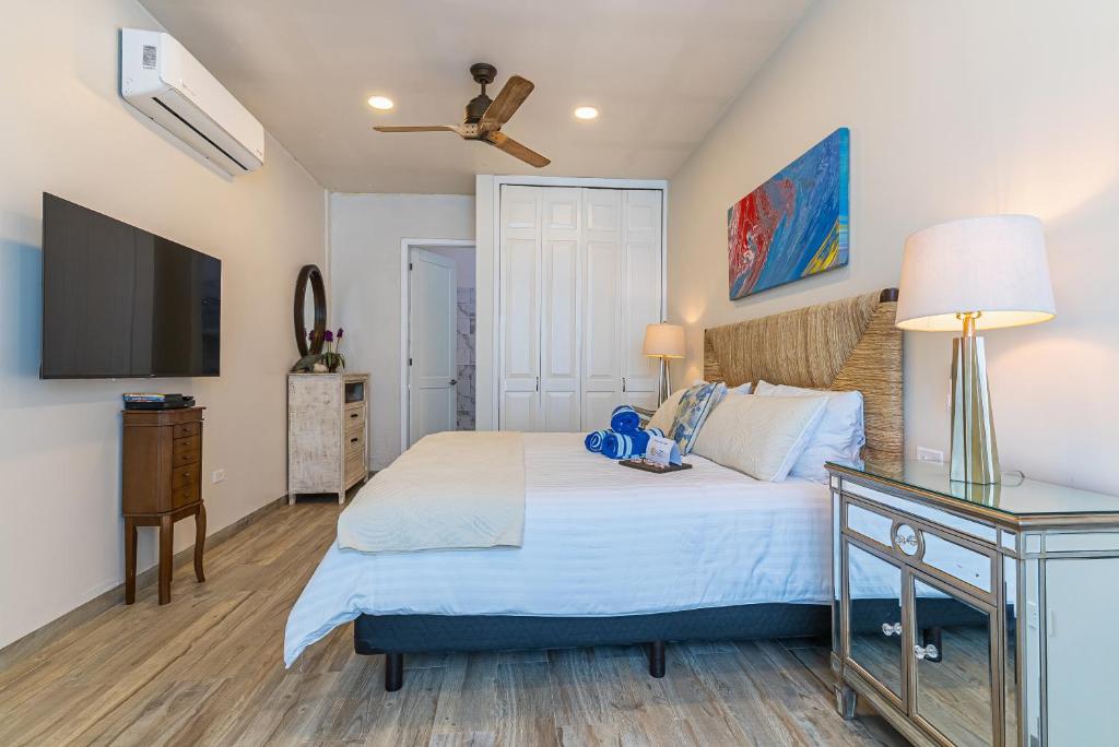 a bedroom with a bed and a flat screen tv at Palacio Blanco Luxury Villa 2 in La Ventana