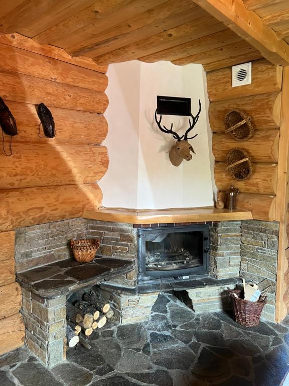 a stone fireplace in a log cabin at Chata u Wozniaka in Kościelisko