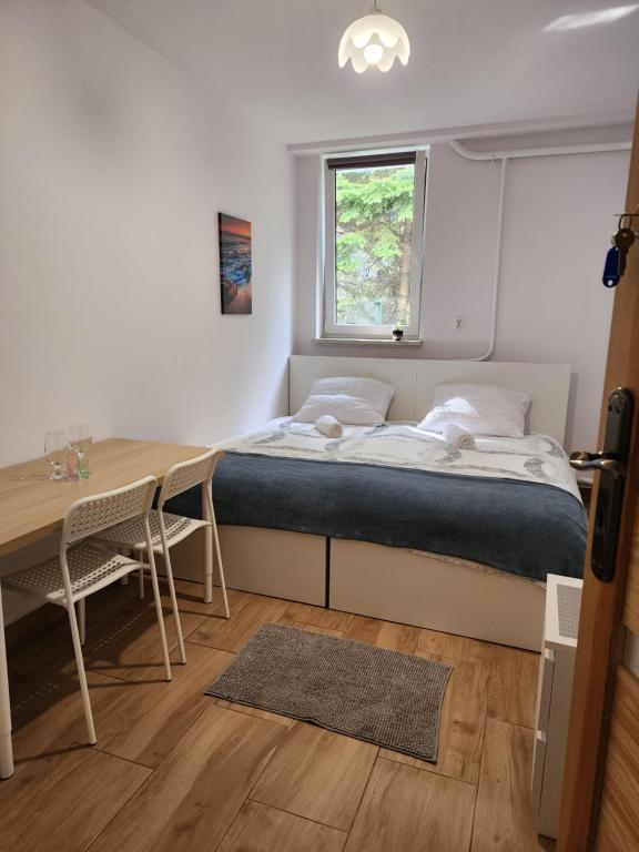 um quarto com uma cama, uma secretária e uma janela em Przytulne pokoje u Julii em Rzeszów