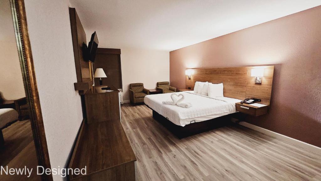 um quarto de hotel com uma cama e uma cadeira em SureStay Plus Hotel by Best Western Hopkinsville - Newly Renovated em Hopkinsville