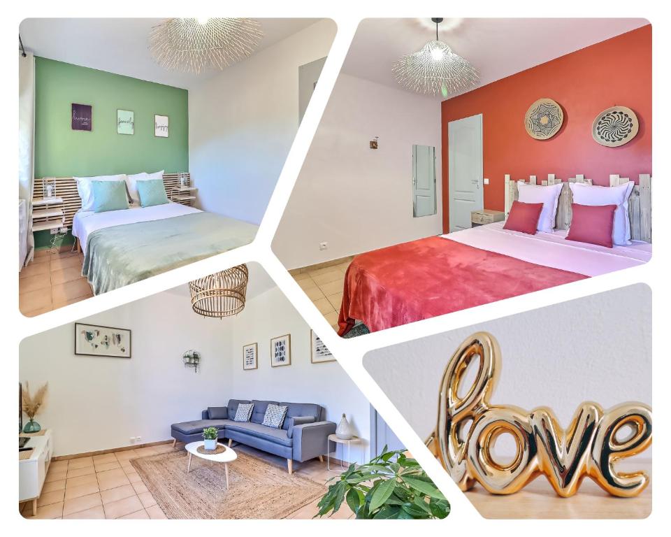 a collage of four pictures of a hotel room at LE REGORDANE - Appartement 4 personnes - Centre WiFi Cosy in Saint-Gilles