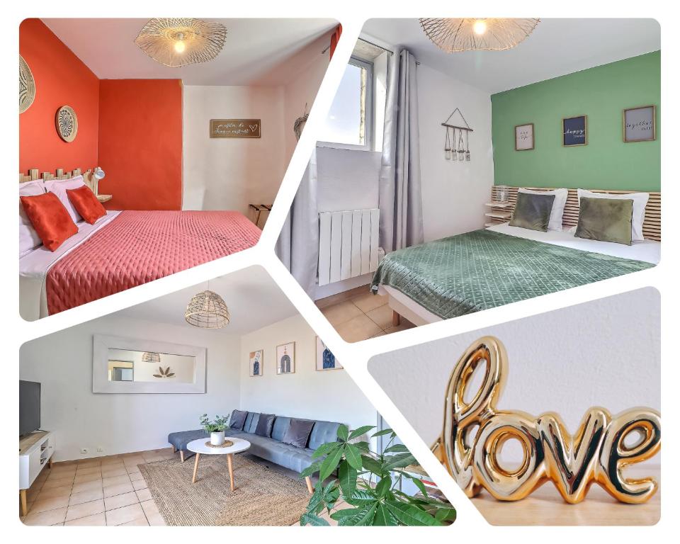 a collage of four pictures of a bedroom at LE TOLOSANA - Appartement 4 personnes - Centre WiFi Cosy in Saint-Gilles