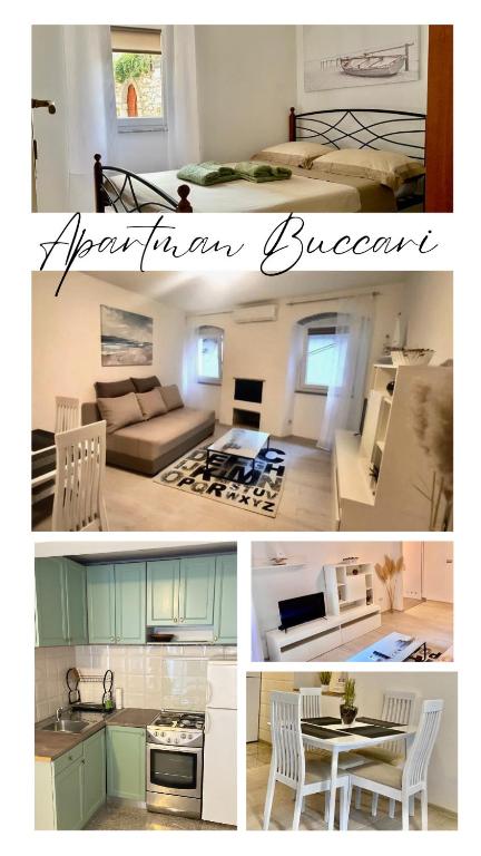 a collage of pictures of a kitchen and a living room at Apartman Buccari in Bakar