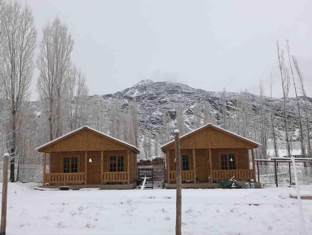 dos cabañas de madera en la nieve con una montaña en el fondo en Cabañas el Bosque de los Milicos en Uspallata