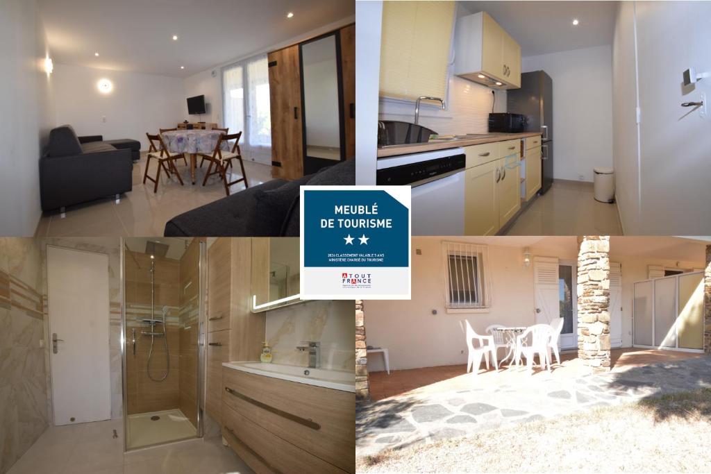 un collage de photos d'une cuisine et d'une maison dans l'établissement SETTE B Locations T1 Bas Villa, à Cavalaire-sur-Mer