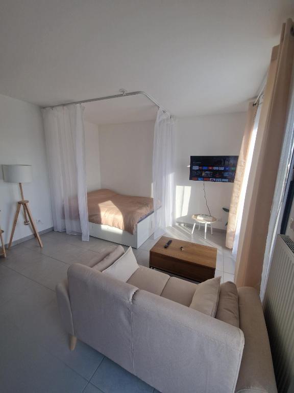 un salon avec un canapé et un lit dans l'établissement Le cosy studio, à Épinay-sur-Seine