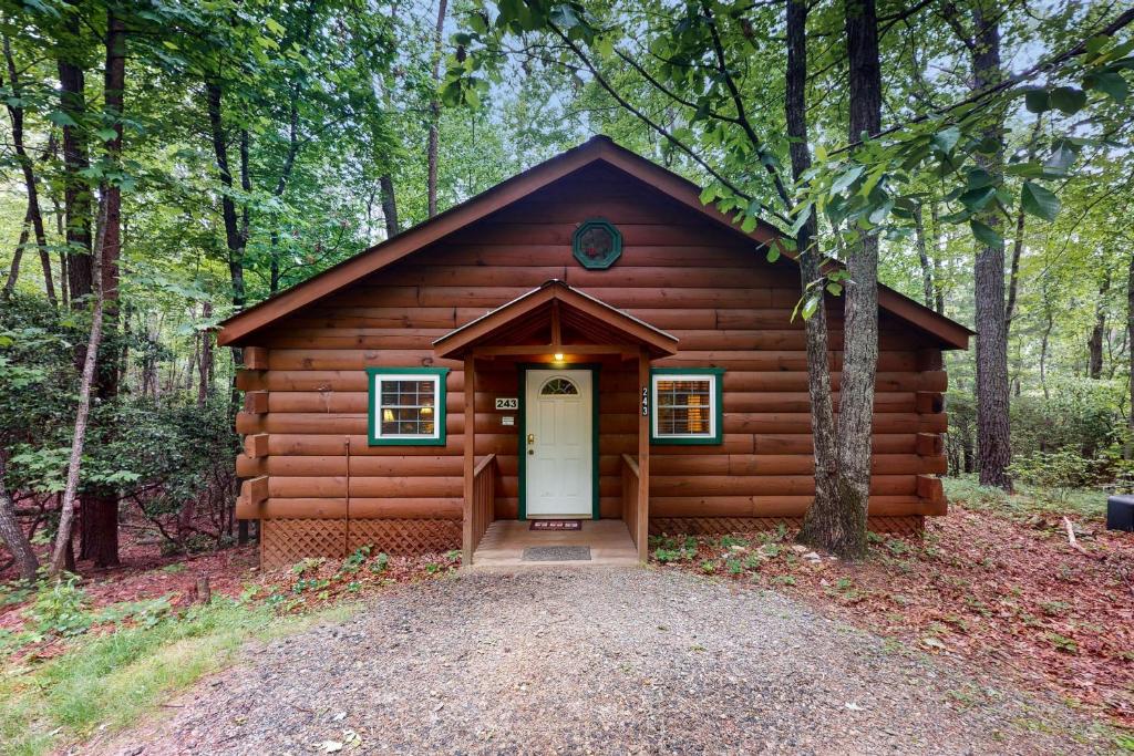 a log cabin with a door in the woods at Shasta in Sautee Nacoochee