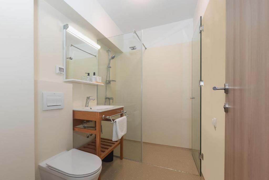 a bathroom with a shower and a toilet and a sink at Villa Grace in Rovinj