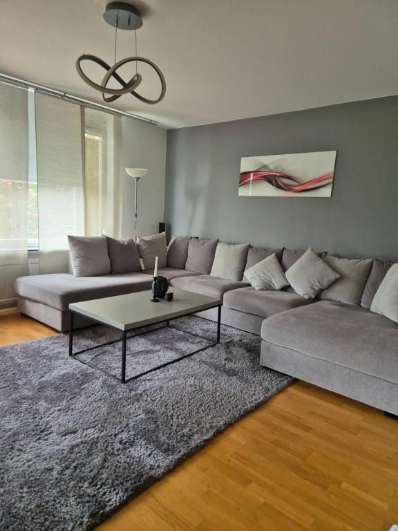 ein Wohnzimmer mit einem Sofa und einem Couchtisch in der Unterkunft Jakan in Stockholm