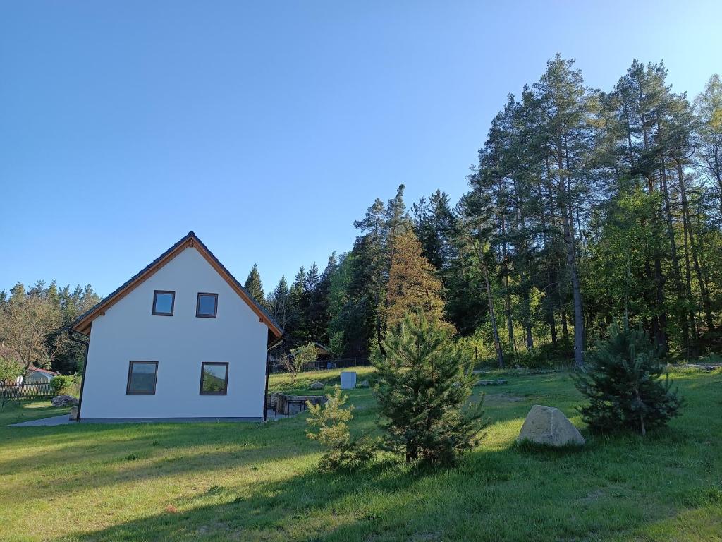 a white house in a field with trees at Klidná lokalita Na kraji lesa, celý dům s úschovnu kol in Nová Bystřice