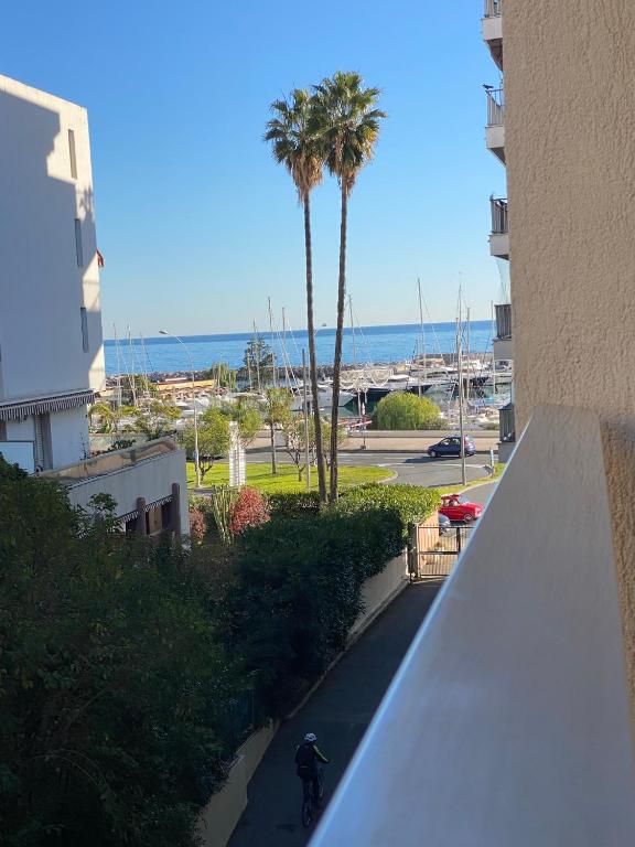 a person riding a bike down a street with a palm tree at Super Menton Bord Mer in Menton