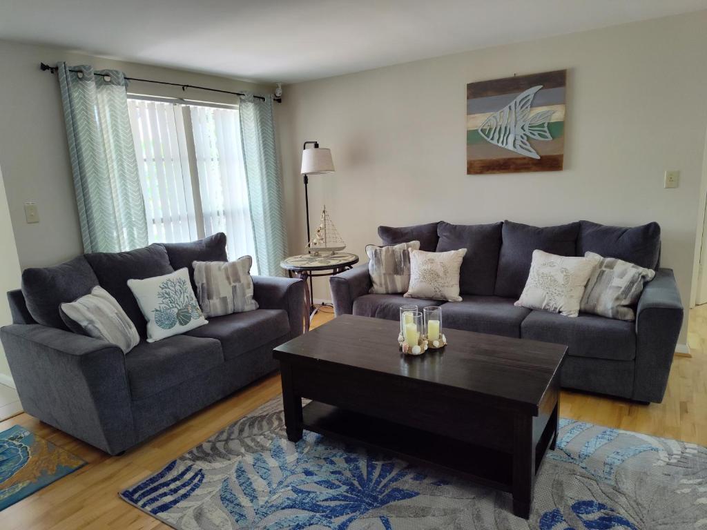 Sala de estar con 2 sofás y mesa de centro en Comfortable, Sunny, Quiet Neighborhood, en Port Richey