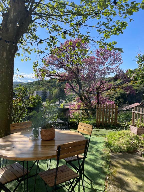 維也納的住宿－Charmante maison à Vienne avec jardin, prox Lyon，一张带椅子的木桌和一棵带粉红色花卉的树