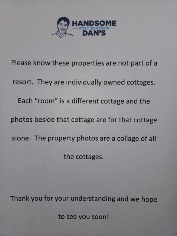una captura de pantalla de una caja de texto con una foto de una persona en Handsome Dan's Vacation Cottage Rentals en Port Renfrew