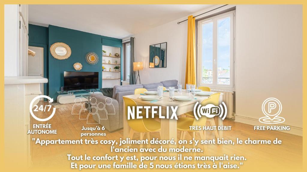 um cartaz de uma sala de estar com uma mesa num quarto em Les Cheminées - Welc'Home em Limoges