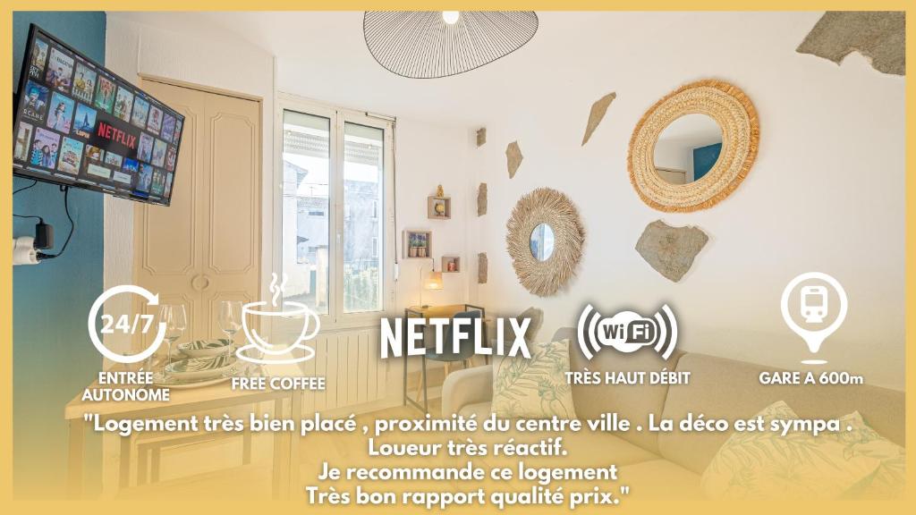une publicité pour un panneau netflix dans une pièce dans l'établissement Petit nid douillet - Welc'Home, à Limoges