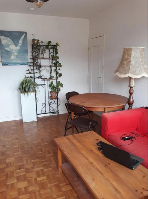 un salon avec un canapé rouge et une table dans l'établissement appartement Velotte, à Besançon