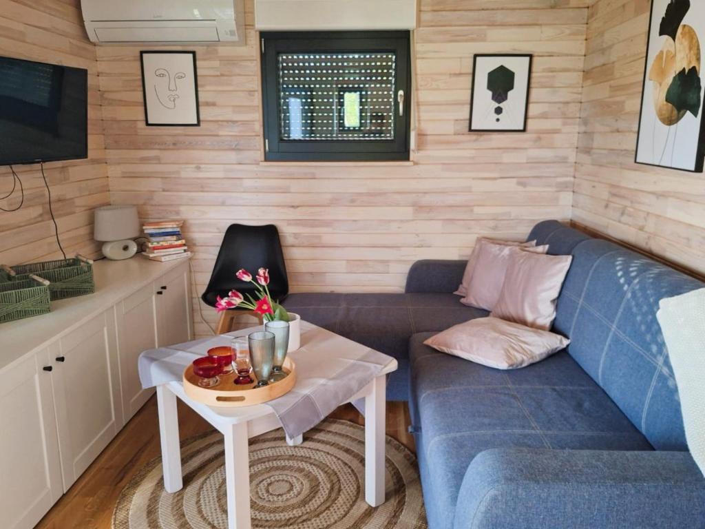 ein Wohnzimmer mit einem Sofa und einem Tisch in der Unterkunft Domek na korcie in Lubomierz