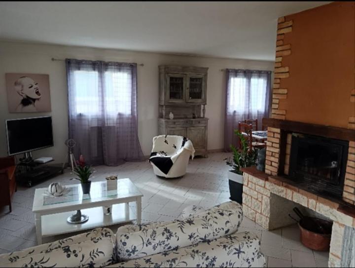 salon z kanapą i kominkiem w obiekcie Villa, proche centre ville w mieście Verdun-sur-Garonne