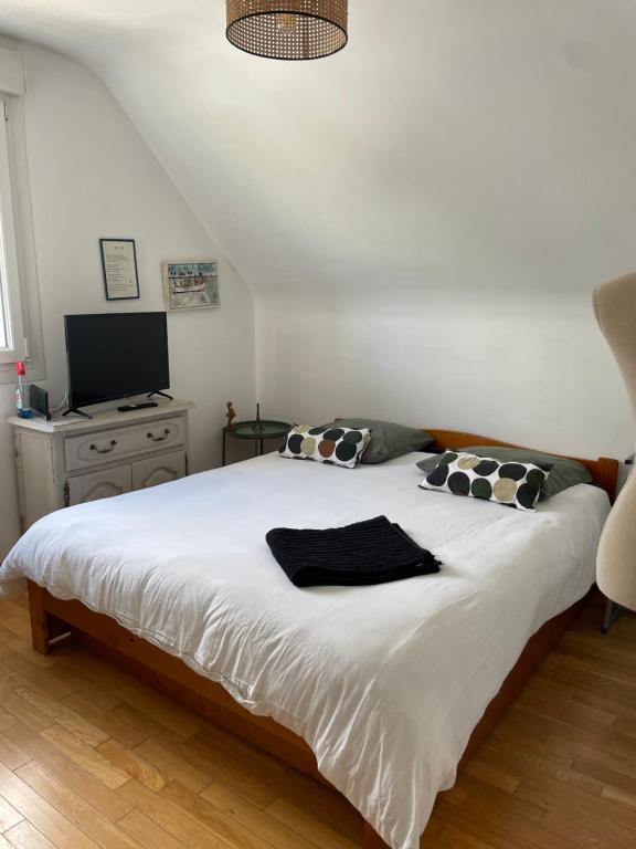 um quarto com uma cama com duas almofadas em Le Korrigan em Saint-Jacques-de-la-Lande