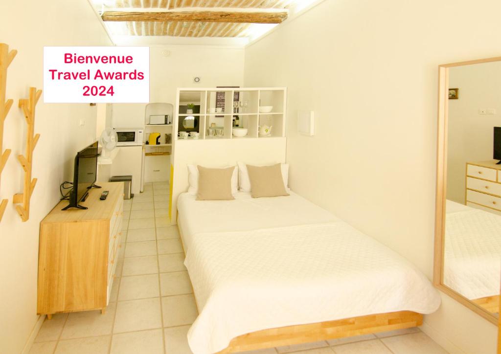 1 dormitorio con 1 cama y TV. en Clementine - Private Studio 50m from Centre Ville, en Lauris