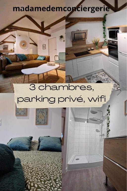 un collage de photos d'un salon et d'une cuisine dans l'établissement La CASA DEM, Cormontreuil Reims, madamedemconciergerie, à Cormontreuil