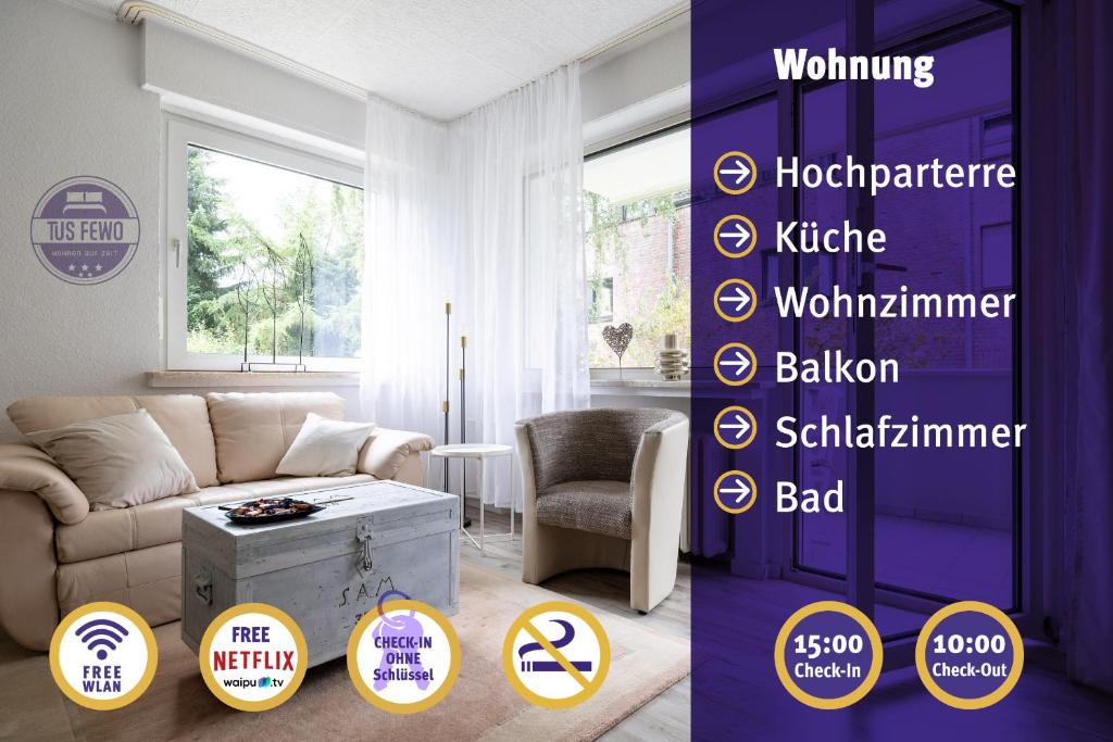 - une chambre avec un canapé et une table dans l'établissement 2 Zi Wohnung inkl WLAN NETFLIX 3D Tour, à Mönchengladbach