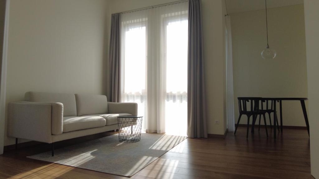 sala de estar con sofá, mesa y ventana en Žalio kalno apartamentai, en Kaunas