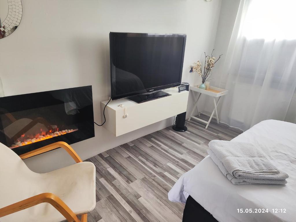 a living room with a tv and a fireplace at Airport Room in Düsseldorf