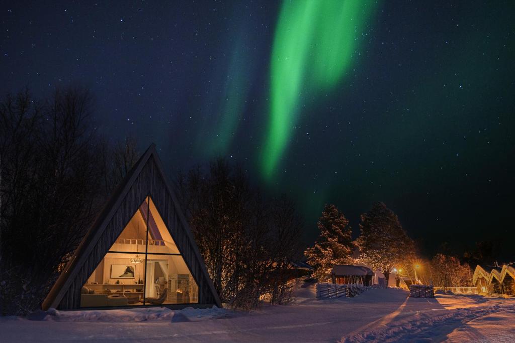 an igloo house with the aurora in the sky at Holmen Husky Lodge in Alta