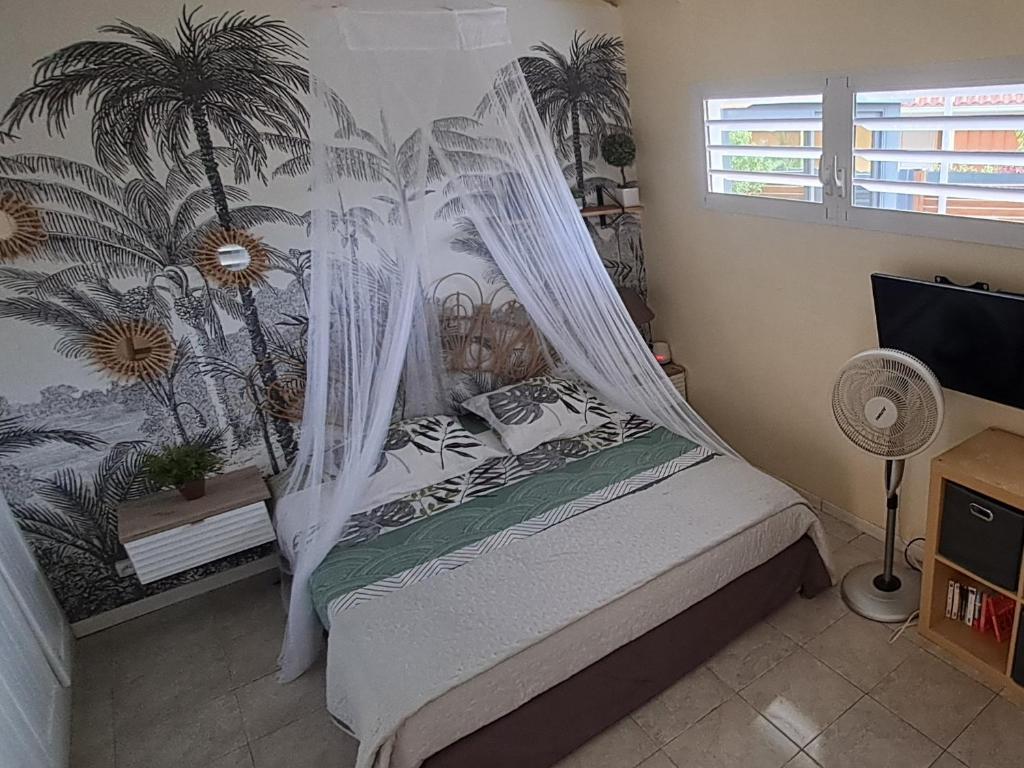 a bedroom with a bed with a mosquito net at Joli studio Coeur de Canne piscine et plage en Martinique in Les Trois-Îlets