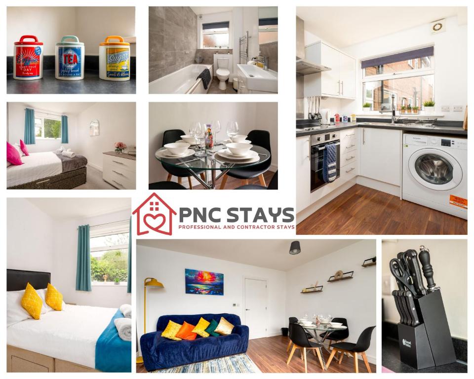 un collage de fotos de una cocina y una sala de estar en Modern 2BR Apt Contractor stay en Hinckley