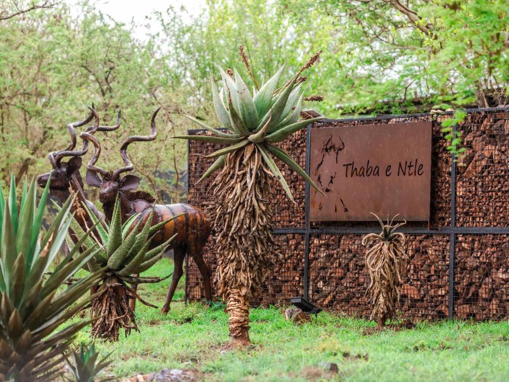 a sign next to a group of plants and a horse at Thaba eNtle Private Boutique Game Farm in Thabazimbi