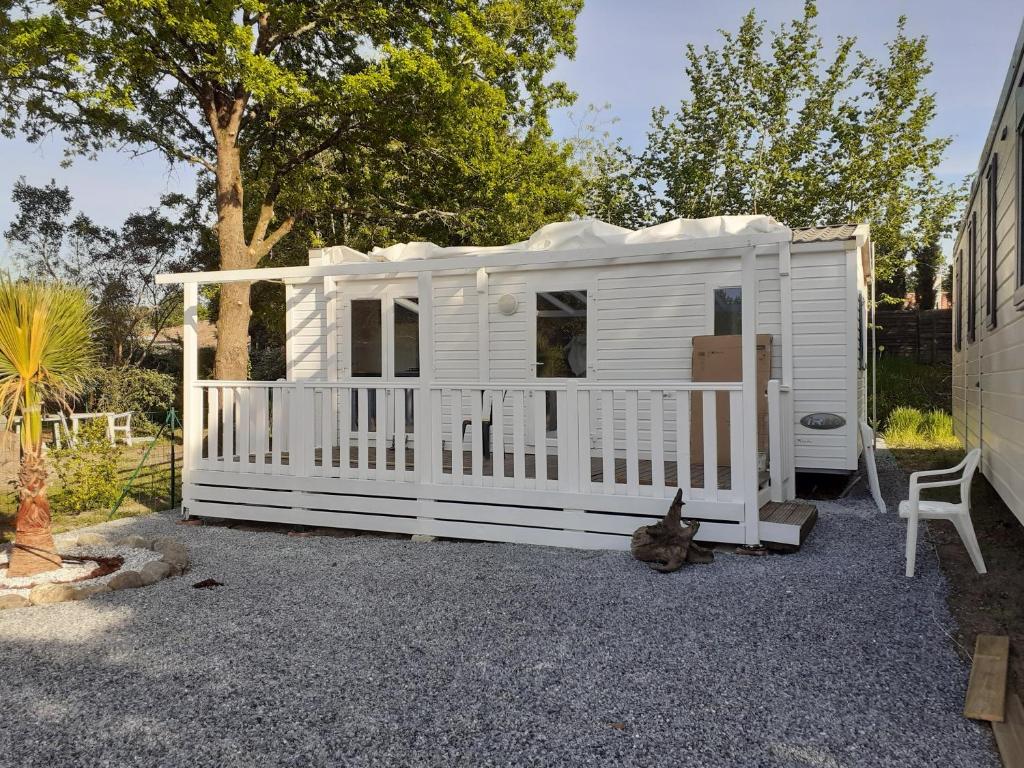 une maison blanche avec un chat assis à côté dans l'établissement camping soleiluna, à Herm